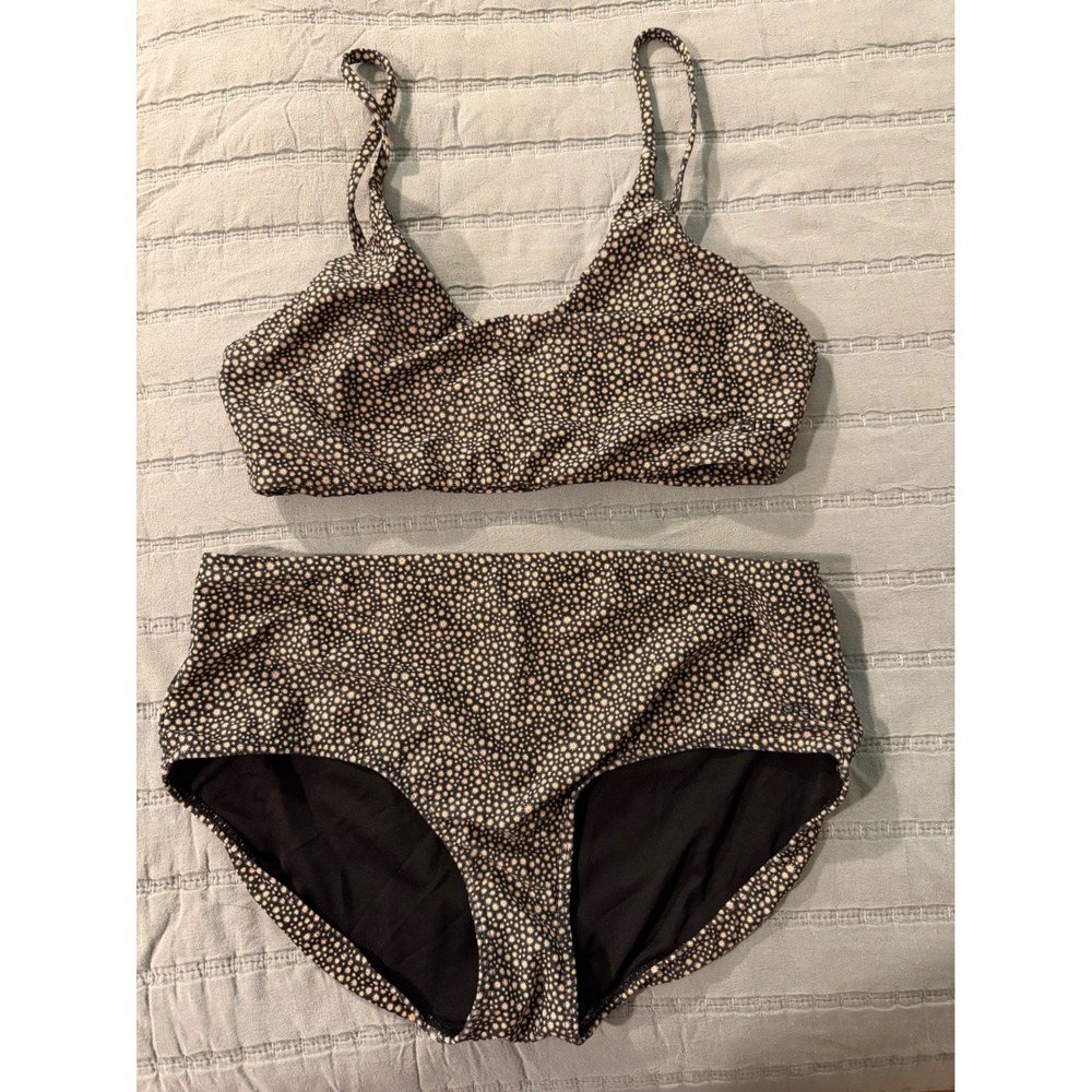 High-Waist Dot Print Bikini Set - Black/Cream
